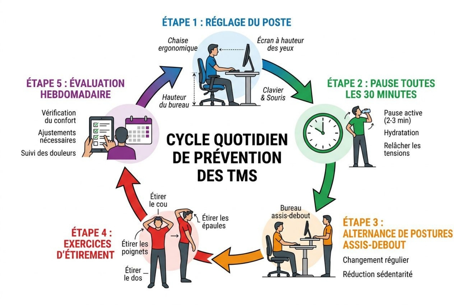 Cycle quotidien de prévention des TMS avec étapes : posture, pauses, alternance assis-debout, étirements et évaluation, pour améliorer l ergonomie au travail.