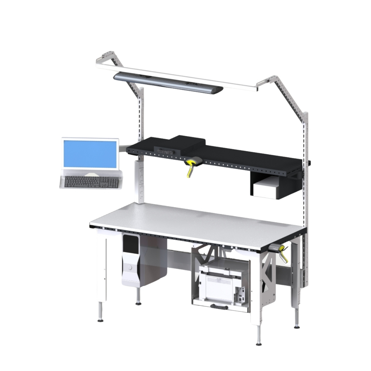 Équipement de poste de travail ergonomique avec accessoires informatiques, moniteur et espace libre, facilitant l’optimisation pour améliorer l ergonomie au travail