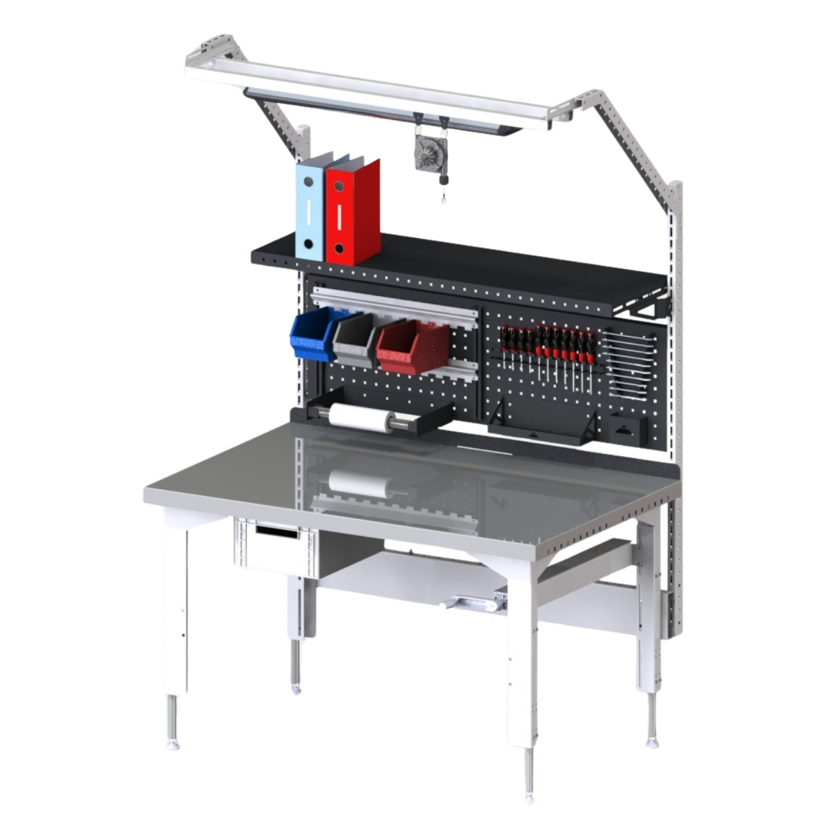 Bureau d’atelier ergonomique avec plan de travail et rangements modulables, prêt à optimiser l’espace de travail et améliorer l ergonomie au travail.